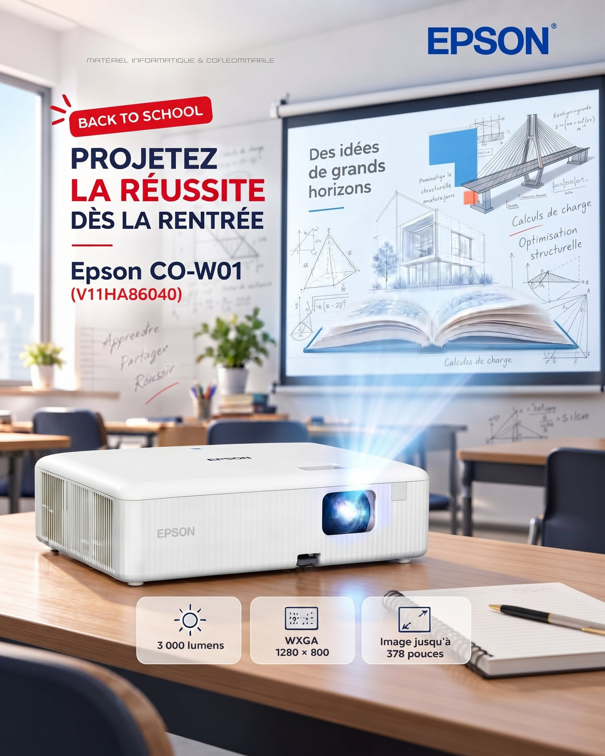 Epson CO-W01 : Projecteur WXGA Polyvalent pour l'Éducation et le Bureau