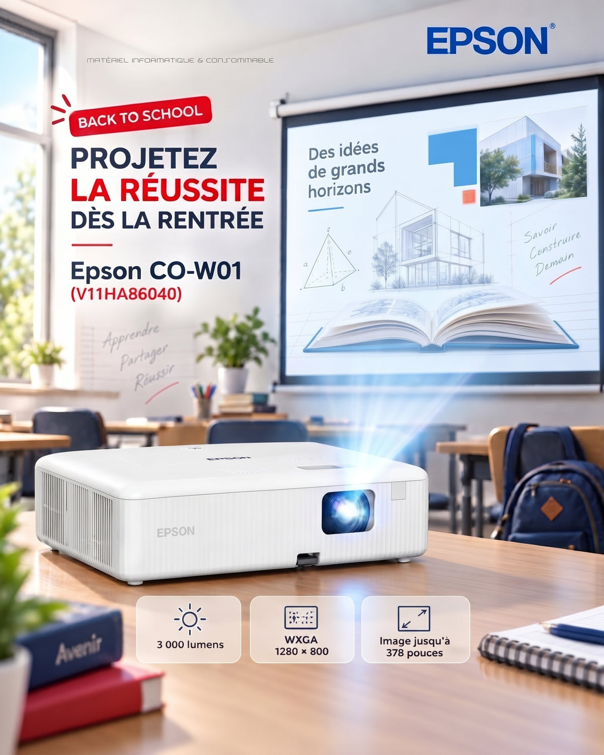 Epson CO-W01 : Projecteur WXGA Polyvalent pour l'Éducation et le Bureau